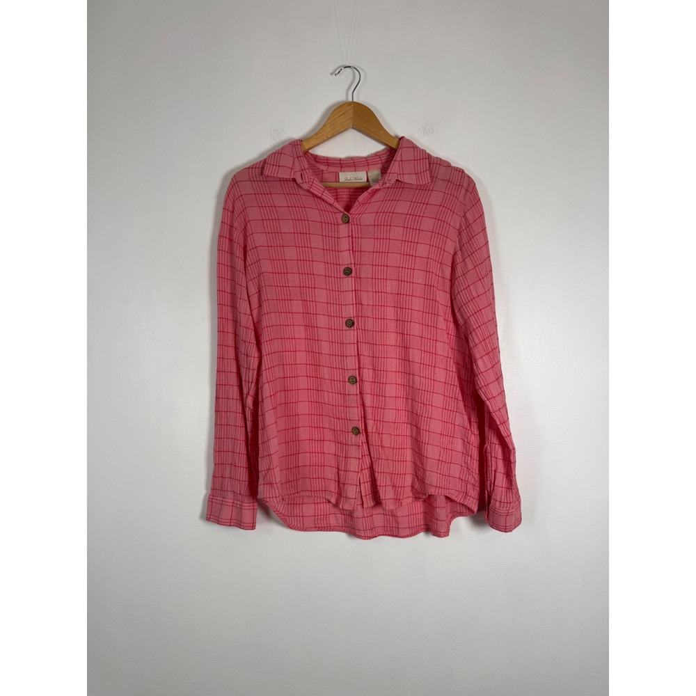 Boho Studio Works Womens Large Gauze Button Down Shirt Pink Grid Roll Tab Sleeve